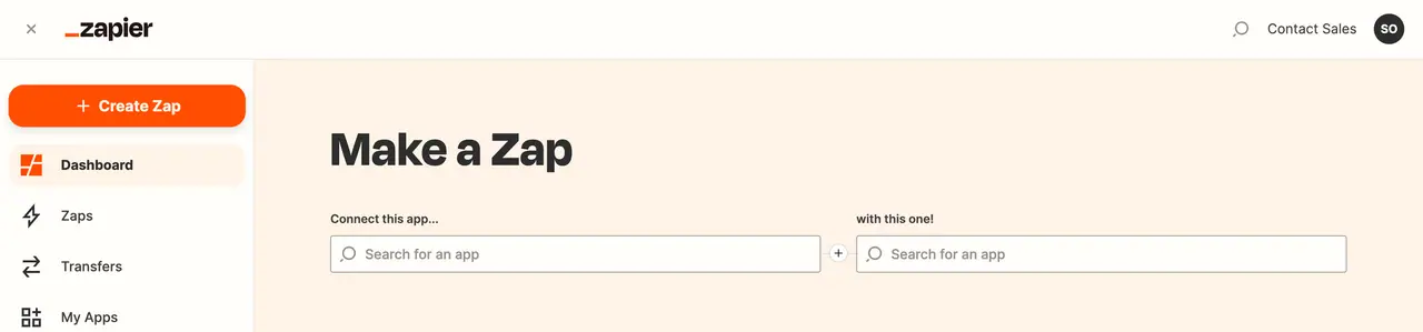 L'accueil de Zapier, son bouton « Create Zap » et les deux champs de recherche d'application a relier.