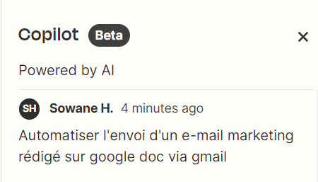 La demande envoyee a Copilot : automatiser l'envoi d'un e-mail marketing redige sur Google Docs via Gmail.