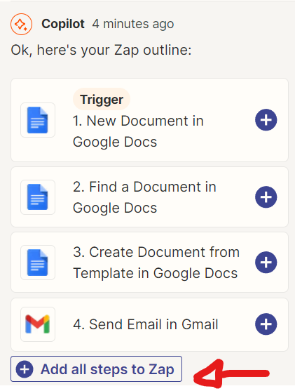 La reponse de Copilot, quatre etapes proposees — nouveau document, recherche, creation depuis un modele, envoi Gmail — et le bouton qui les ajoute toutes.
