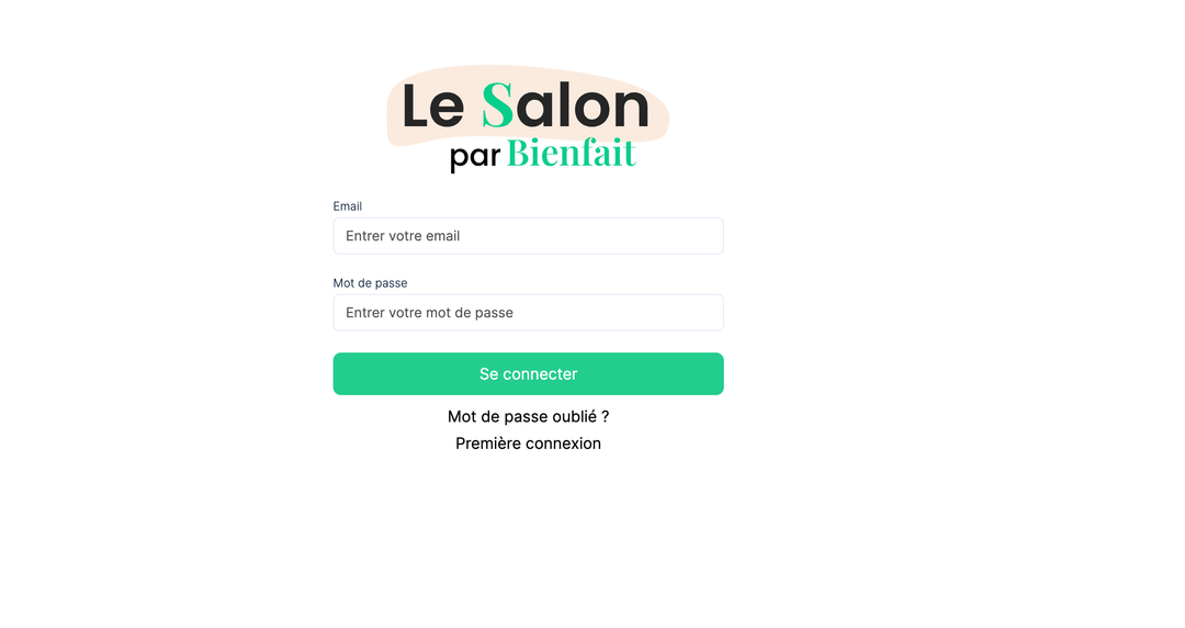 L'ecran de connexion du Salon : e-mail, mot de passe, bouton « Se connecter », et un lien pour la premiere connexion.