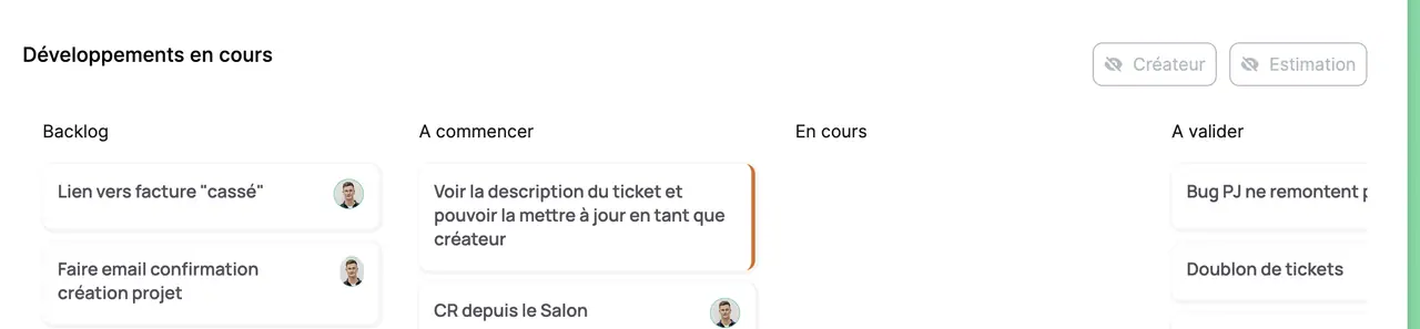 Le tableau « Developpements en cours » du Salon, quatre colonnes — backlog, a commencer, en cours, a valider — et leurs cartes de demandes.
