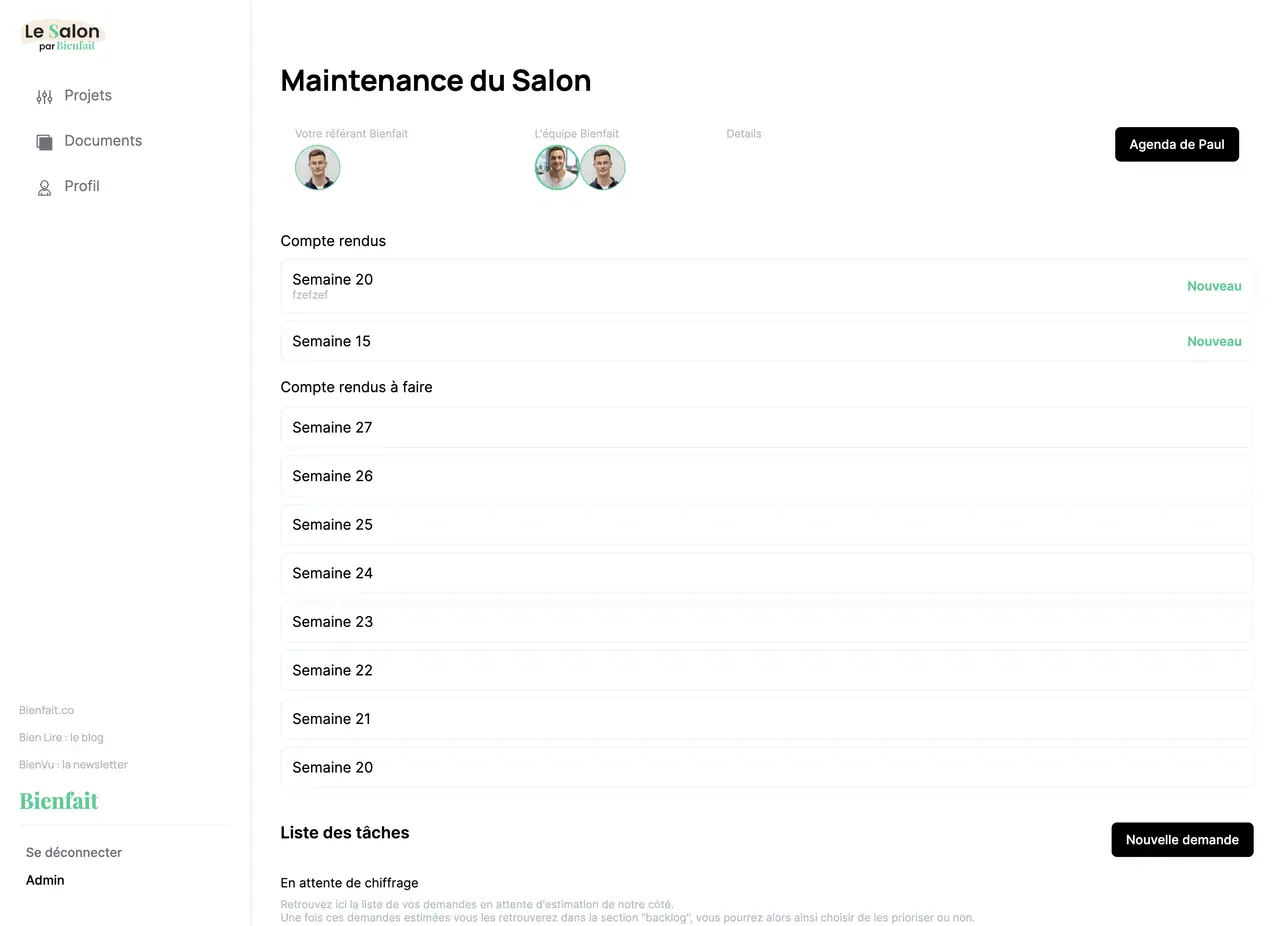Une page projet du Salon : le referent et l'equipe en haut, les comptes rendus semaine par semaine, puis le debut de la liste des taches.