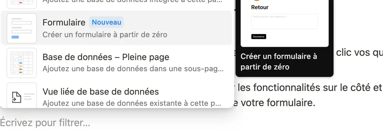 Le menu d'insertion de Notion, l'entree « Formulaire » marquee Nouveau et survolee, qui decouvre son apercu.