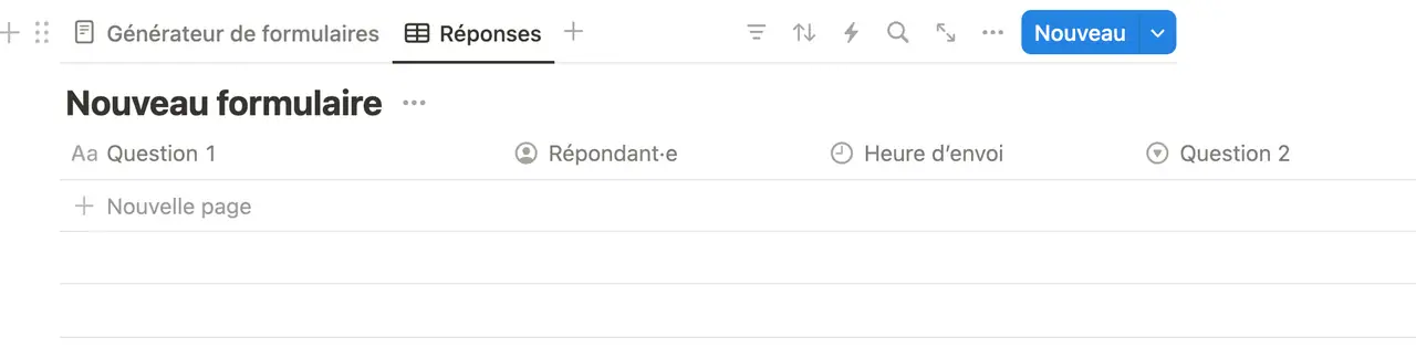 La vue « Reponses » en table : une colonne par question, plus le repondant et l'heure d'envoi.