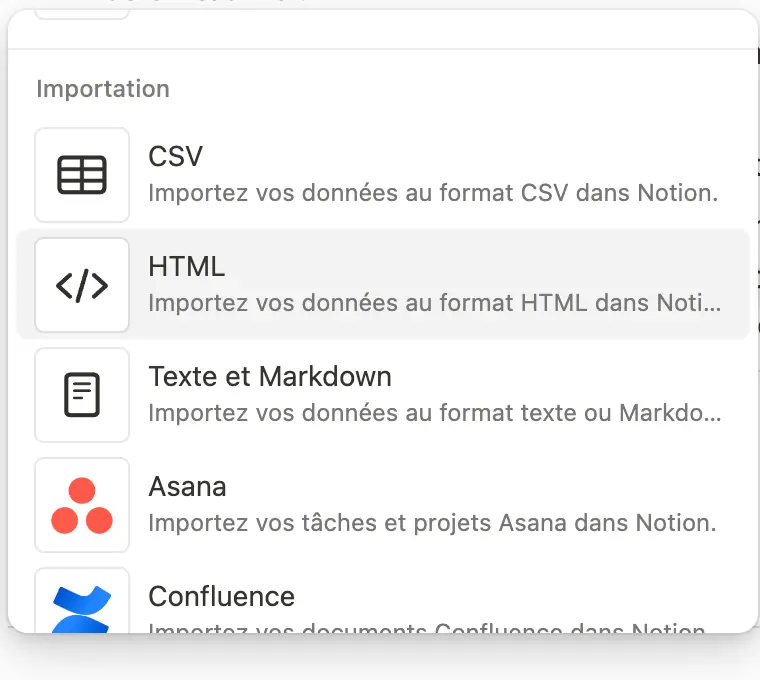 Le menu d'importation de Notion : CSV, HTML, texte et Markdown, Asana, Confluence.
