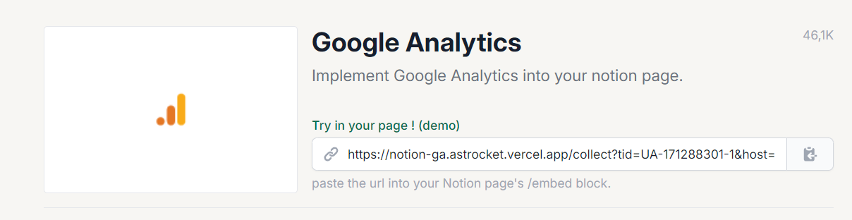 La fiche du widget Google Analytics sur Apption, meme apercu et meme URL a coller.