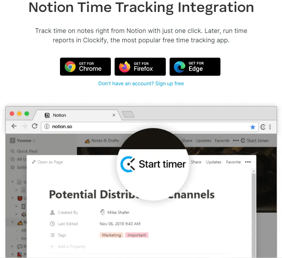 La page de l'integration Clockify : les boutons d'installation pour Chrome, Firefox et Edge, et une capture ou « Start timer » apparait dans Notion.
