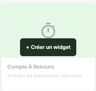 La vignette « Compte a rebours » d'Indify, survolee, qui decouvre le bouton « Creer un widget ».