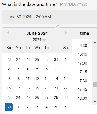 Le selecteur de date et d'heure, cale sur le 30 juin 2024 a minuit.