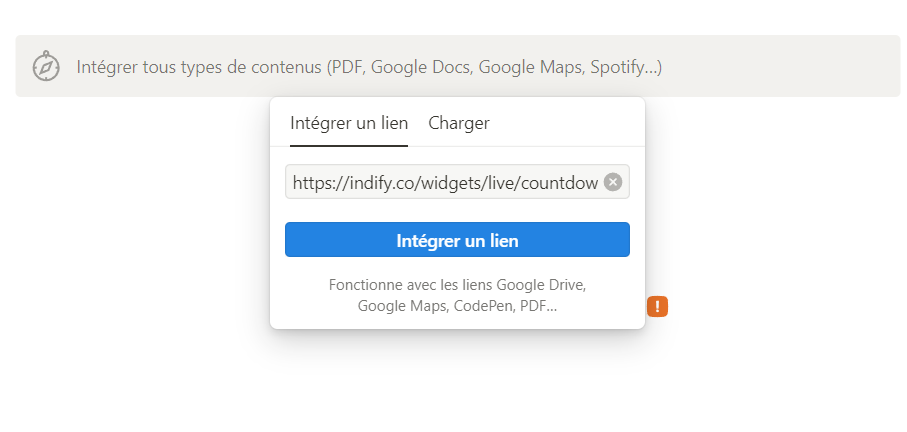 Le bloc d'integration de Notion, le lien Indify colle dans son champ, et le bouton « Integrer un lien ».