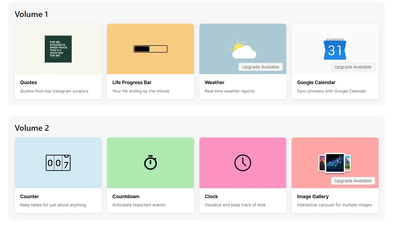 La galerie d'Indify, deux volumes de quatre widgets : citations, barre de progression, meteo, agenda, compteur, compte a rebours, horloge, galerie d'images.