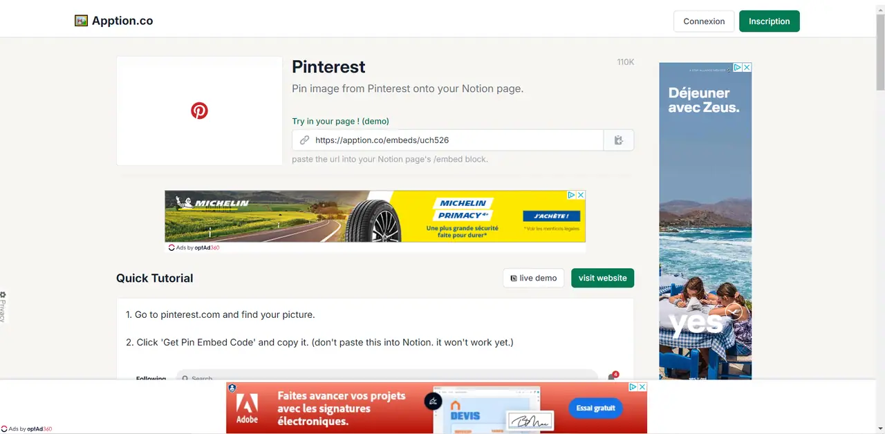 La fiche du widget Pinterest sur Apption, son tutoriel en trois etapes, et les trois encarts publicitaires qui l'entourent.