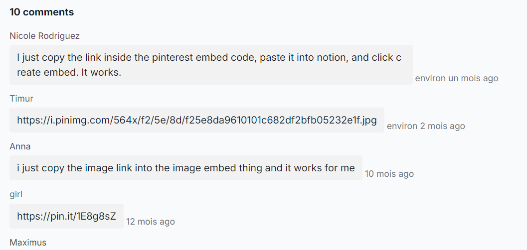 Les commentaires sous un widget Apption, ou des utilisateurs se repondent sur la facon de faire passer un lien Pinterest.
