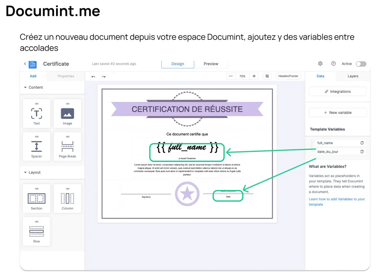 L'editeur de Documint, ou les variables full_name et date_du_jour sont posees dans un modele de certificat.