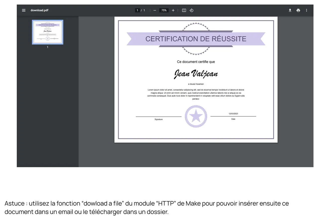 Le certificat produit, ouvert dans une visionneuse de PDF.