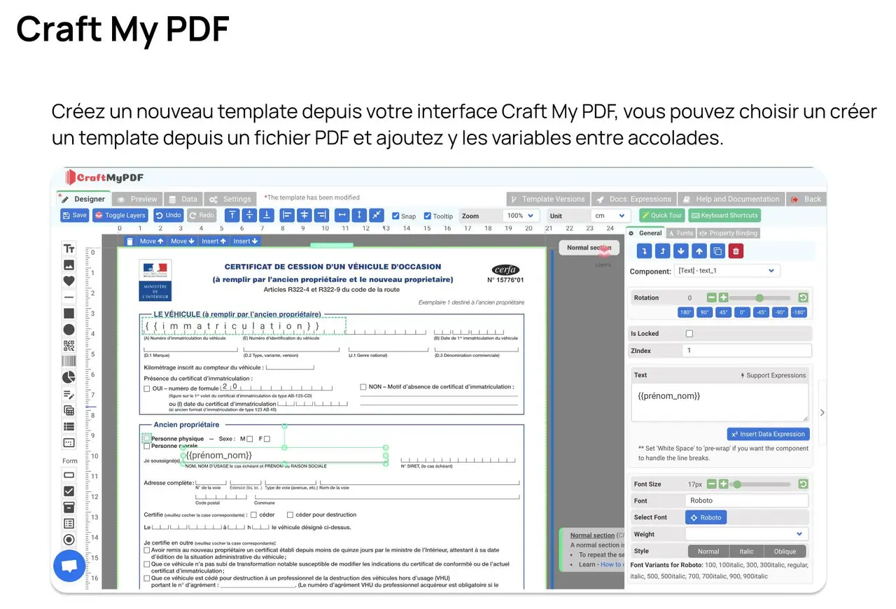 L'editeur de Craft My PDF, ou les variables sont ajoutees par-dessus un formulaire administratif importe.