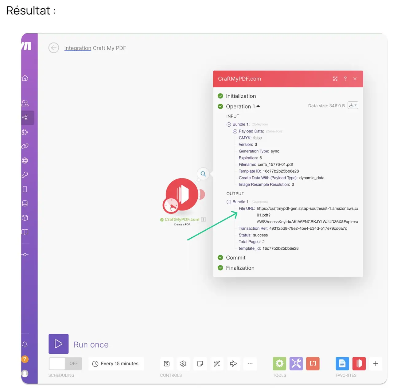 Le resultat de l'execution dans Make, avec le lien du PDF produit.