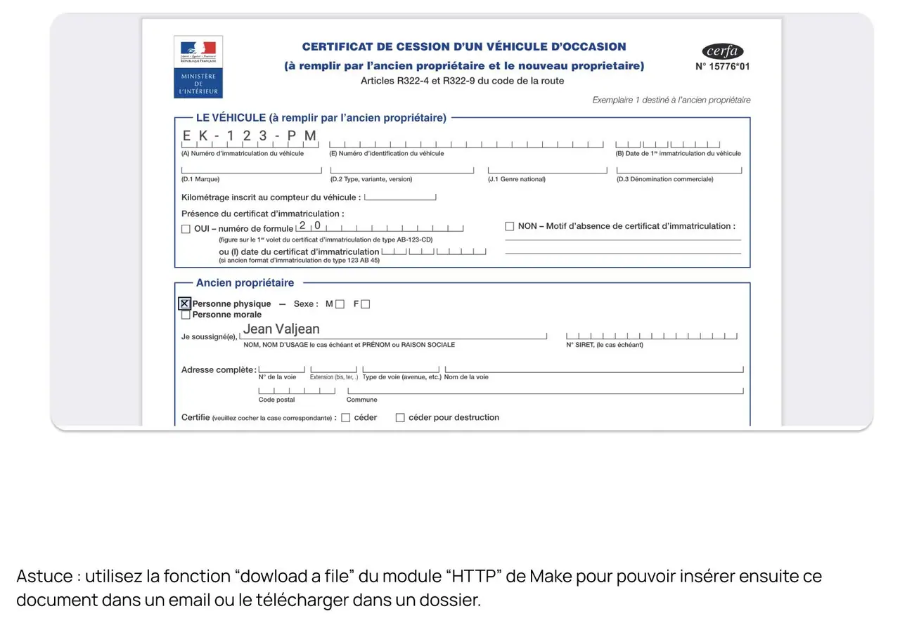 Le certificat de cession d'un vehicule d'occasion, rempli automatiquement.