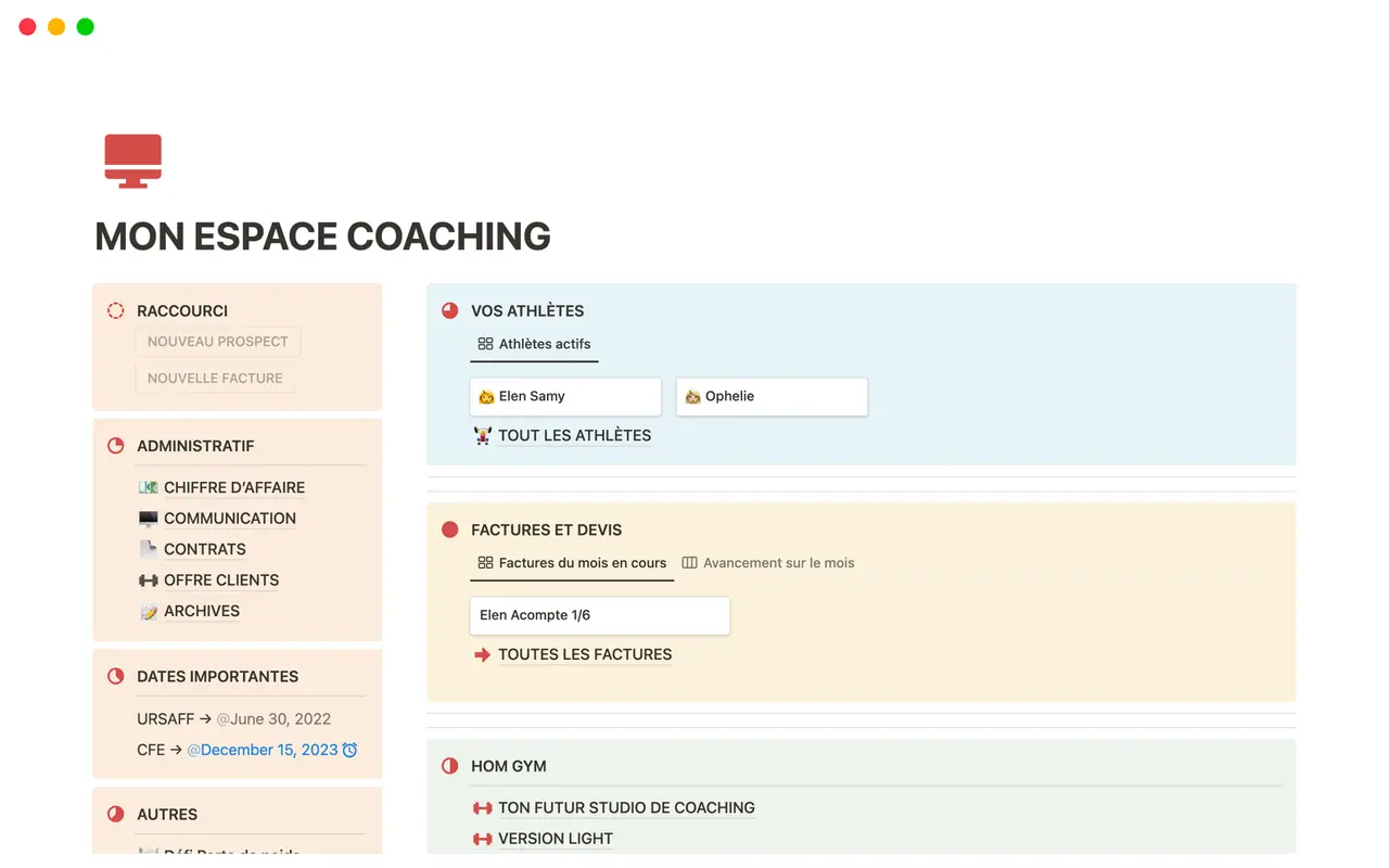 Une page Notion « Mon espace coaching » : raccourcis et rubriques administratives a gauche, athletes actifs, factures et devis a droite.