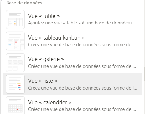 Le menu des vues d'une base de donnees Notion : table, tableau kanban, galerie, liste, calendrier.