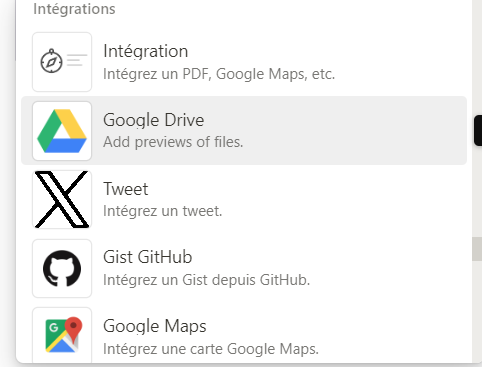 Le menu des integrations de Notion : Google Drive, tweet, Gist GitHub, Google Maps.