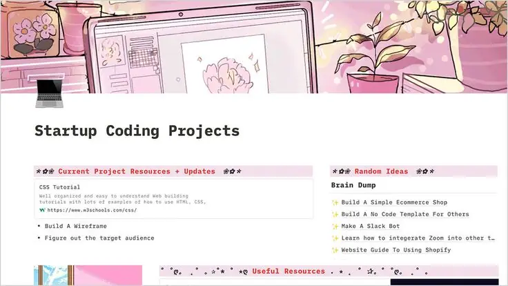Un modele Notion « Startup Coding Projects », en rose, avec ses ressources de projet et sa colonne d'idees en vrac.